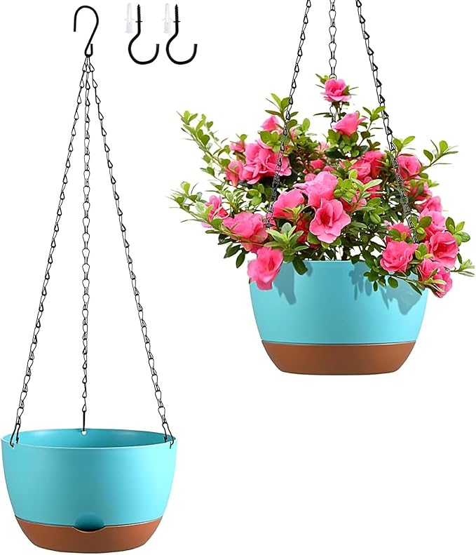 Hanging Planters for Indoor Plants, Set of 2 8/10 Inch Self-Watering Hanging Pots with Drainage Hole & Removable Water-Storage Tray II Screw-in Hooks II