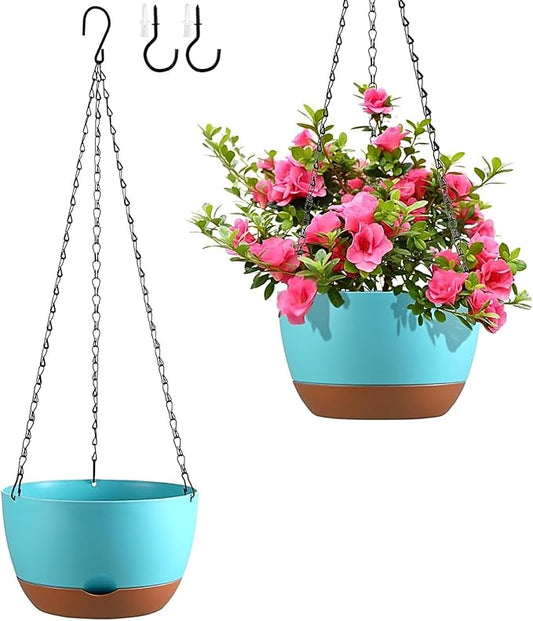 Hanging Planters for Indoor Plants, Set of 2 8/10 Inch Self-Watering Hanging Pots with Drainage Hole & Removable Water-Storage Tray II Screw-in Hooks II