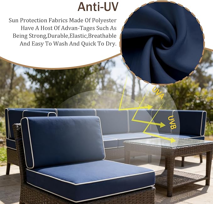 14 Pcs Outdoor Replacement Cushions for Patio Furniture, All Weather Water Resistant Cushion for 6 Seat Rattan Wicker Sectional Patio Conversation Sets and Couch Navy Blue(White Piping)