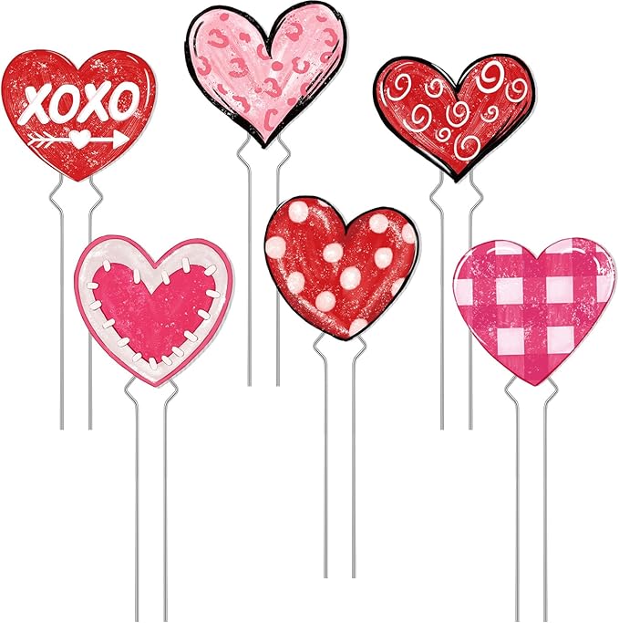 6 Pcs Valentine's Day Heart Planter Stake Hollow Heart Garden Metal Stake Sign Corrugated Plastic Valentine's Day Outdoor Decor for Indoor Outdoor Patio Plant Pot, Flower Bed (Novelty Style)