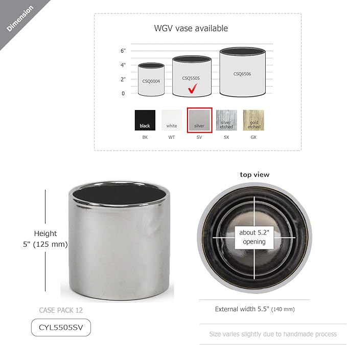 WGVI Silver Ceramic Cylinder Vase Width 5.5" Height 5", Flower Arrangements, Candle Holder, Terrarium Planter Pot, Storage Container Organizer, Pen Brush Holder, Smooth Silver Tabletop Decor, 6 Pc