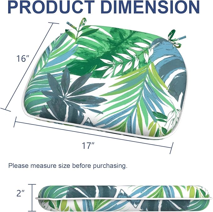 Outdoor Chair Cushions 16"x17" Set of 4, Water Resistant Patio Chair Pads with Ties, Seat Cushions for Home Garden Furniture Decoration, Islamorada Blue Green