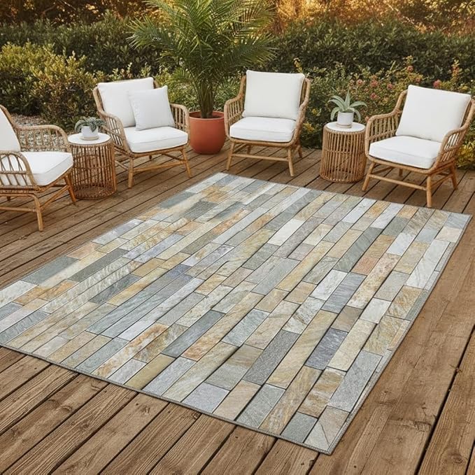 Modern Abstract Beige Brown Grey Stone Brick Texture Outdoor Waterproof Area Rug for Patio Porch Garden Camping Rustic Farmhouse Outside Rugs Washable Carpet 5x7 Balcony Front Yard Deck No Slip Mat