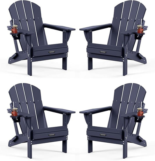 MUCHENGHY Folding Adirondack Chairs Set of 4, Patio & Outdoor Chairs, Plastic Weather Resistant with Cup Holder for Deck, Backyard, Garden (Dark Navy Blue)
