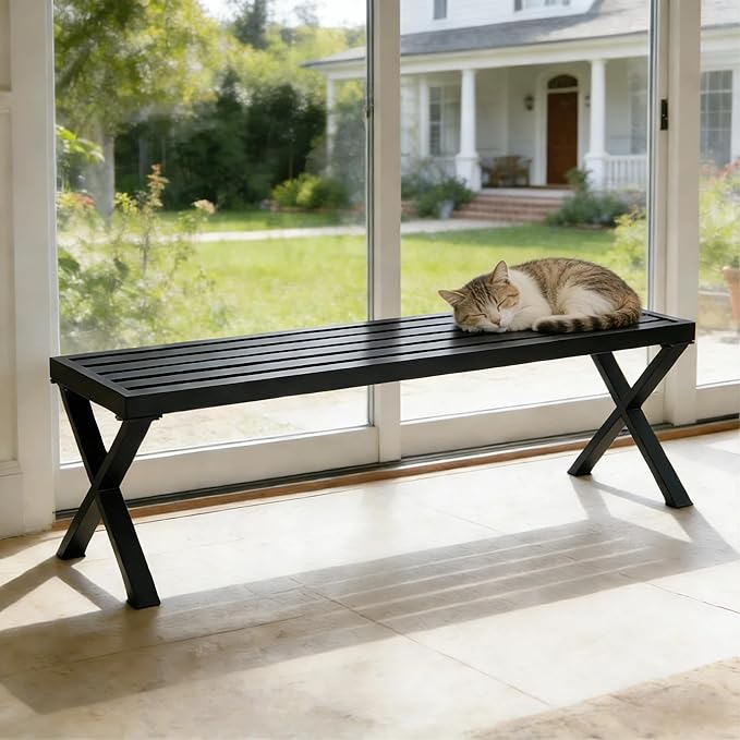 Backless Outdoor Bench Set of 2, Metal Patio Bench, Garden Bench for Front Porch, Backyard and Deck, Black