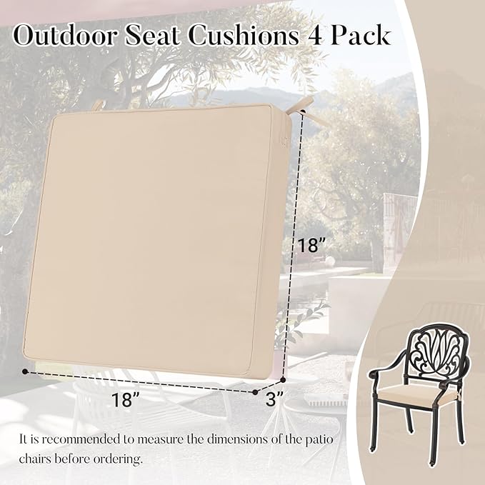 Basic Beyond Outdoor Chair Cushions for Patio Furniture, Waterproof Outdoor Seat Cushions Set of 4 18 x 18, Patio Chair Cushions Set of 4 with Ties and Handle, Beige