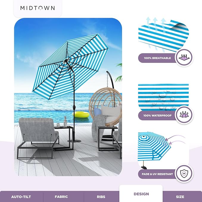 Midtown Umbrellas - 10-Year-No-Fade 6 Ft Patio Umbrella with Terylast Fabric, Auto-Tilt Aluminum Frame and 8 Reinforced Ribs for Deck, Pool, Garden & Beach - Blue/White Stripes Canopy, Black Pole