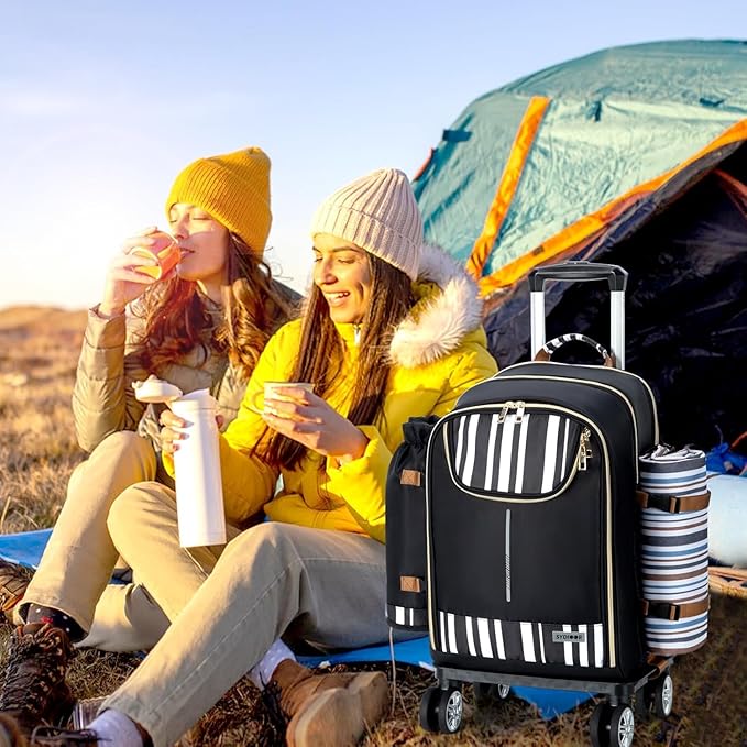 Trolley Picnic Backpack for 4 Person - Blanket & Tableware Set, Detachable Wine Pouch - Ideal for Beach, BBQ, Camping, Trip, Park, Gifts for Friends, Adventures, Patio, Lawn, Garden