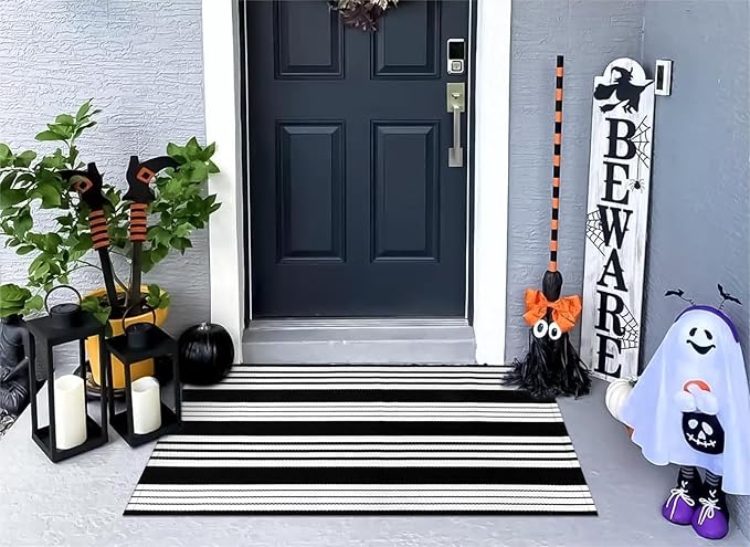 OJIA Front Door Mats Outdoor 27.5x43 Inches, Black and White Outdoor Rugs Cotton Woven Front Door Rug Machine Washable Layered Doormats for Porch/Farmhouse/Kitchen/Entryway/Patio Decor
