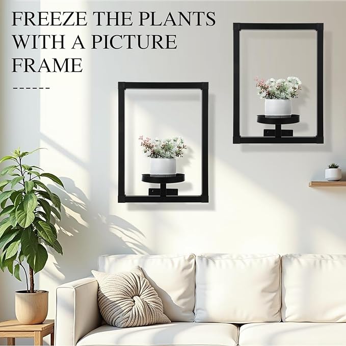 4 Pcs Wall Plant Holder Wall Planters for Indoor Plants Metal Window Planters Shelves Picture Frame for Indoor Outdoor Living Room Balcony Garden(Rectangle Style)