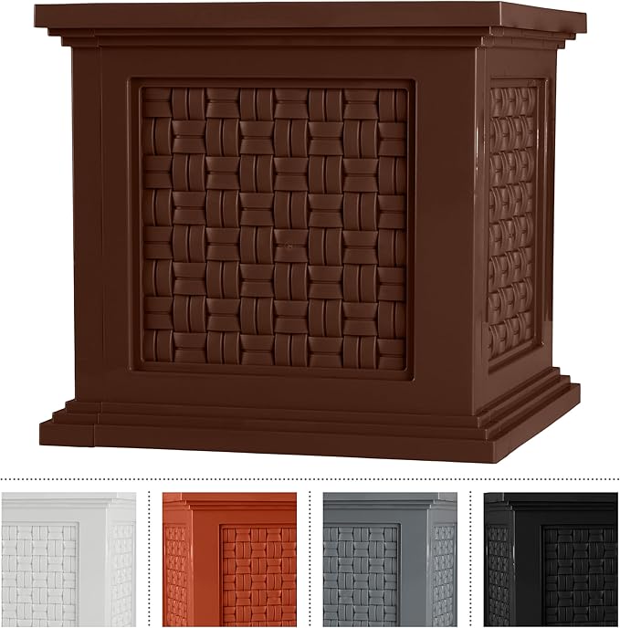 Rattan Style Outdoor Planter Box - 14.65-Inch-Square Decorative Flower or Plant Pot - Garden, Patio and Front Porch Decor by Pure Garden (Brown)