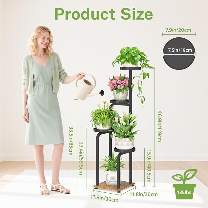 iDavosic.ly Tall Plant Stand Indoor, 4 Tier Corner Multiple Flower Holder Shelf with Metal Trays, Space Saving Display Rack for Living Room Balcony Patio Porch Outdoor | Black & Brown