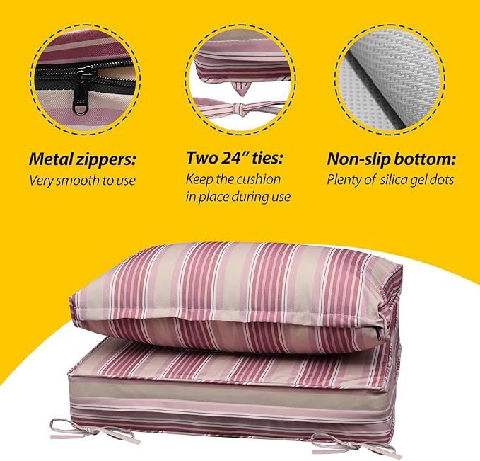AAAAAcessories Outdoor Seat Cushions for Chairs, Fade-Resistant, Waterproof Patio Furniture Replacement Cushions, 24" x 24" x 5" + 24" x 13.5", Dusty Rose Garden Stripe