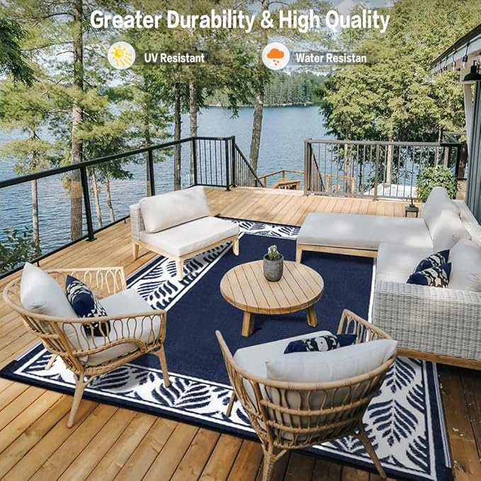 HUGEAR Outdoor Plastic Straw Rug, Waterproof Mat, Washable Large Floor Mat and Rug for Outdoors, RV, Beach, Patio, Camping, Backyard, Deck, Picnic, Outside (Olive-Leaf/Dark Blue&White,9x12ft)
