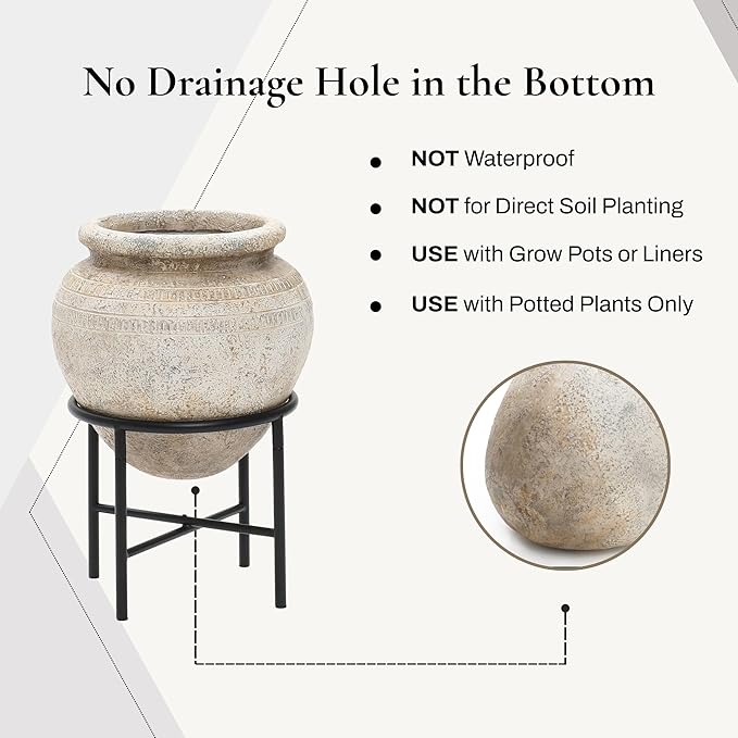 LuxenHome 17.5" Dia Large Planters for Indoor Plants, Indoor Plant Pots with Stand, Distressed Cachepot for Living Rooms, Entryway, Office