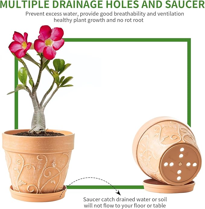 Melphoe Plant Pots Indoor with Drainage & Saucer, 2Pack 7/8 inch Flower Pots Outdoor Planters for Indoor Plants Garden Home Decor Cactus Succulent, Rigid Plastic (Imitation-Terracotta) Vine-Embossed