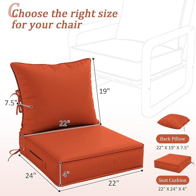 Outdoor Patio Chair Cushions Set 22 L X 24 W X 4 H Waterproof & Fade Resistant Deep Seat and Back Cushions with Removable Covers Outdoor Seat Cushion Set for Chairs and Sofas