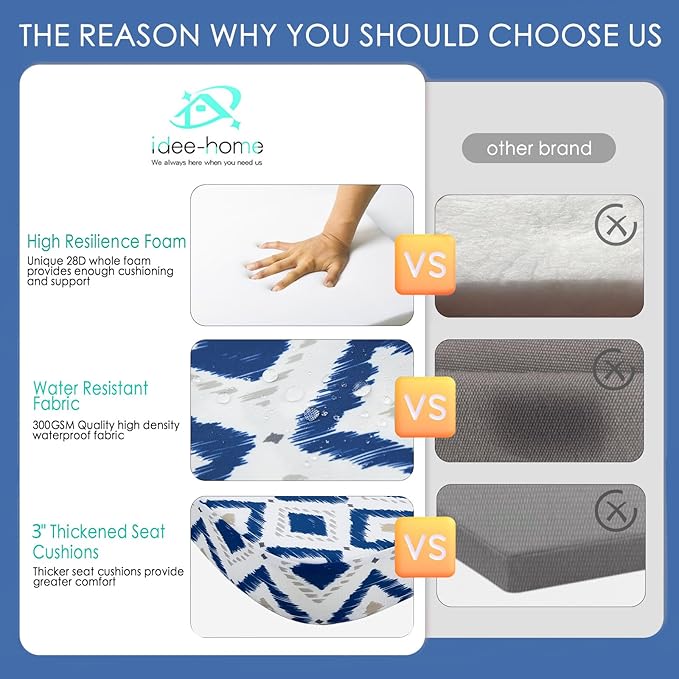 idee-home Outdoor Chair Cushions Set of 2, 17" x 17" x 3" Thick D-Shaped Patio Furniture Outdoor Seat Cushions Waterproof with Ties, Dining Pads