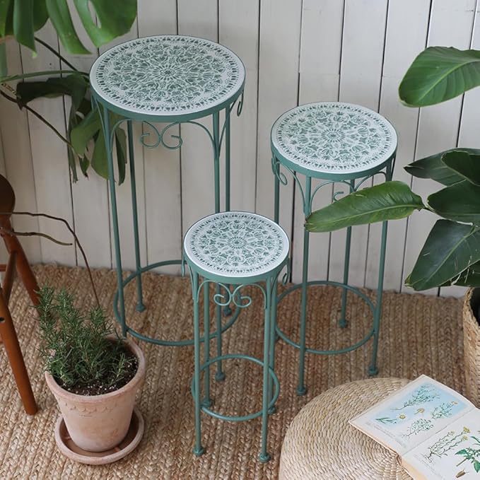Metal Plant Stand Indoor & Outdoor Set of 3 Round Ceramic Top 28" Tall Mosaic Flower Stand Tile Nesting Display Plant Rack Flower Holder Side Table for Patio Living Room Multi-tiered Flower Pot Holders Garden Accessory Decor Green