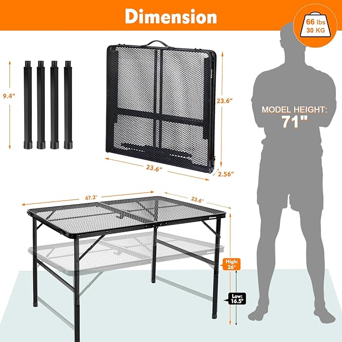 4 ft Folding Table with Adjustable Height (16.5" & 26"), Black Metal Mesh Table with Carry Handle, Portable for Outdoor BBQ, Grill, Family Gathering & Prep, Fits 4–8 People, 8.8 lb, Supports 66 lb
