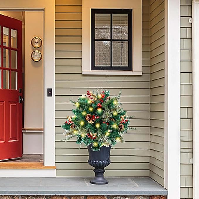 2 Pack Pre-lit Artificial Christmas Tree Urn Filler, Battery Operated Lighted Xmas Tree with Pinecones & Berries, Holiday Planter Filler Outdoor Waterproof Decor for Porch, Garden, Yard