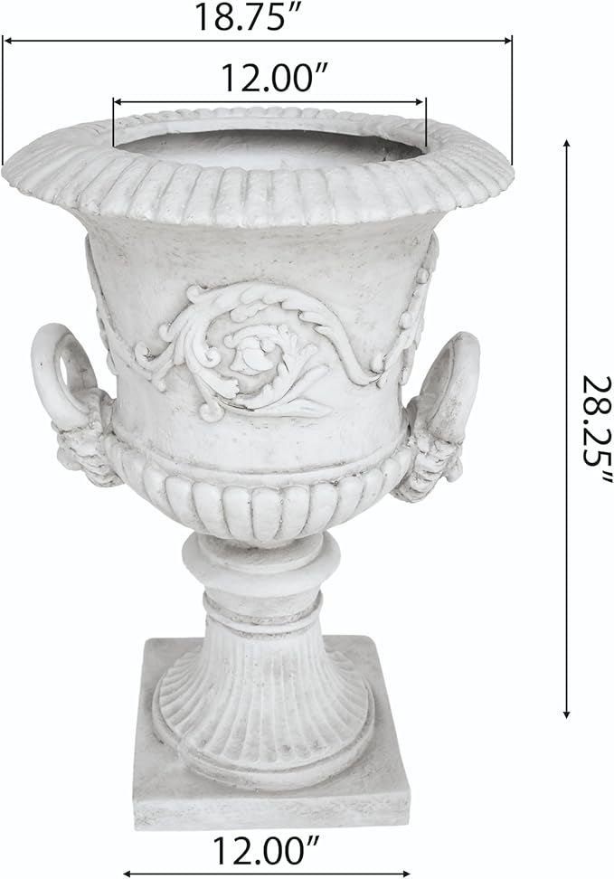 Merax 28-inch MGO Roman Garden Urn Planter, Lightweight Concrete Indoor Outdoor Flower Pot with Drainage Hole & Stopper, Stone-Look Planter for Plants, Flowers, Succulents, and Herbs, Antique White