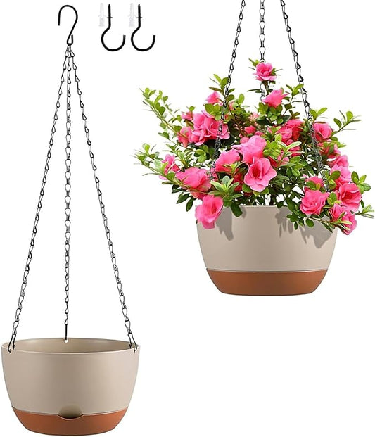 Hanging Planters for Indoor Plants, Set of 2 8/10 Inch Self-Watering Hanging Pots with Drainage Hole & Removable Water-Storage Tray II Screw-in Hooks II