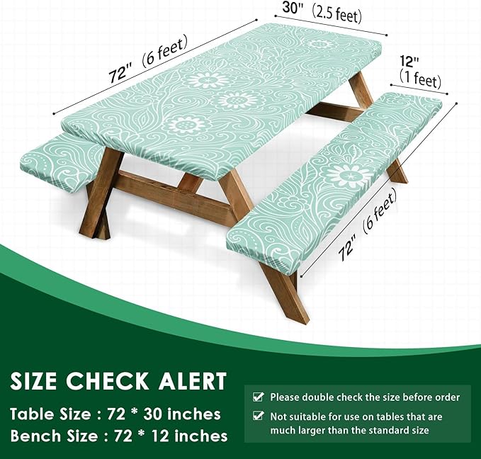 Picnic Table Cover with Bench Covers Elastic Edges, Boho Camper Fitted Table Cover, Outdoor Patio Camping Essentials 72 Inch 3PCS, Waterproof Camping Fitted Tablecloth with Drawstring Bag