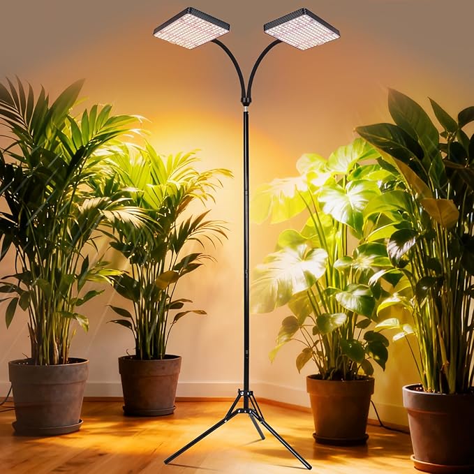 2026 2Head Grow Light with Upgrade Stand, Big Coverage Grow Lights for Indoor Large Plant, Bonsai Tree, 4/8/12/16/20H Timer, 50 Watt Power Draw, NO Need Adapter, 24"-76" Height Adjustable
