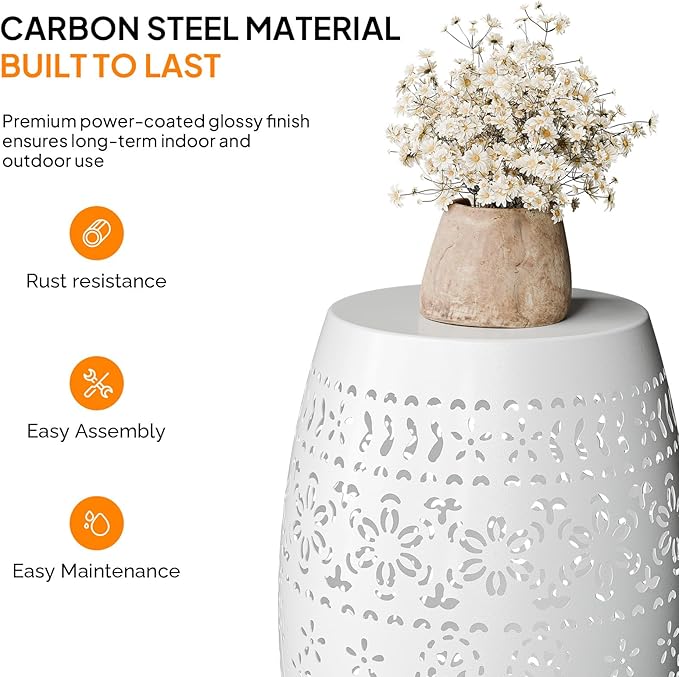 Outdoor Accent Iron Side Table,9.4" Steel Patio End Table, Round Hollow Drum Patio Garden Stool,Round,Iron Decorative Garden Stool,for Indoor and Outdoor,White