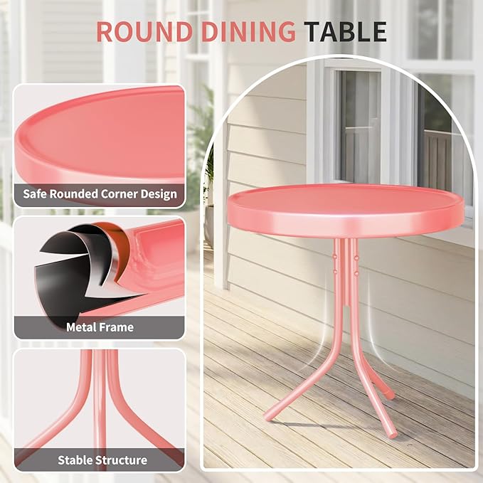 Patio Bistro Set Retro Metal Outdoor Seating Conversation 3 Pieces, 2 C-Spring Motion Armchairs and Round Side Table, for Porch, Lawn, Garden (Pink)