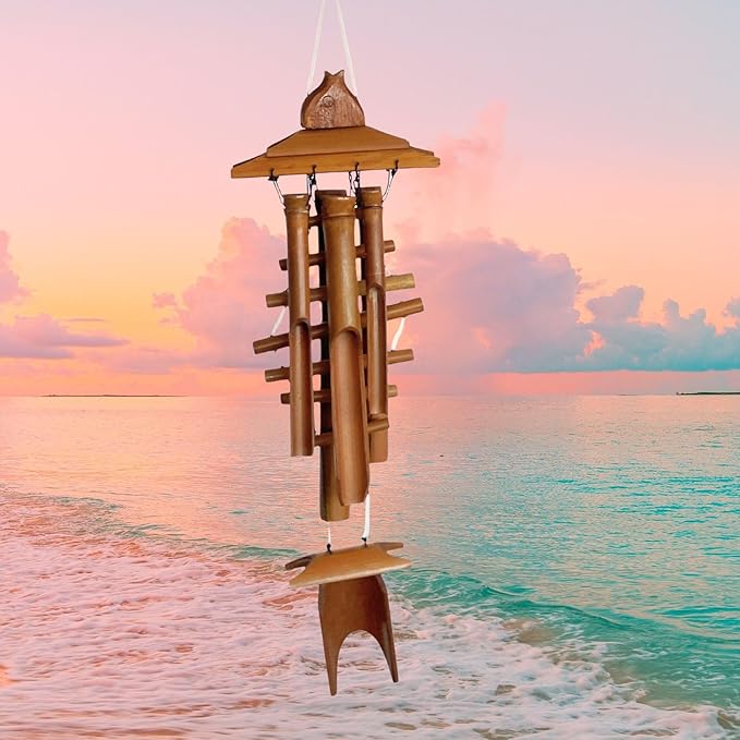 Bellaa 26416 Fish Wind Chimes for Outside, Bamboo, Wood, Brown, 30 Inch, Tuned, Relaxing Sound, Country Style, Handmade, Windchime Outdoor, Garden, Patio, Decor