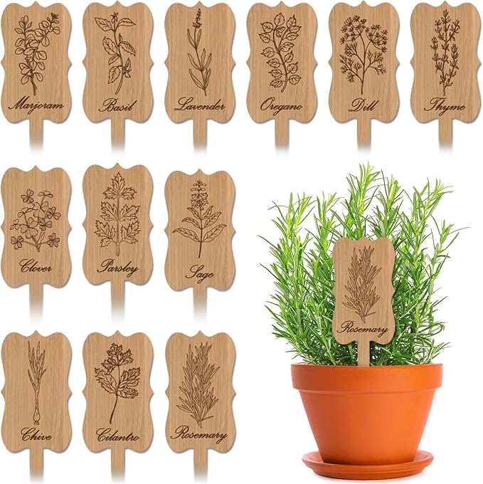 36Pcs Wooden Plant Markers Garden Labels Stakes Plant Herb Tags Sign Nursery Plant Tags with Printed Herb Name Gardener Gifts for Indoor Outdoor Garden Supplies Potted Herb Flower 12 Styles