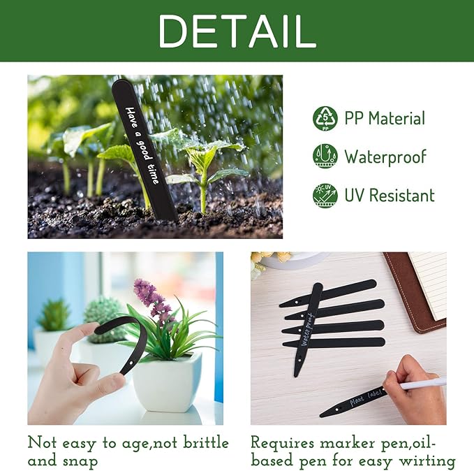 Whaline 200Pcs Thick Plastic Plant Label Garden Labels Black Waterproof Garden Stake Sign Tags Garden Markers for Outdoor Seedlings Potted Flowers with 2 Marker Pen and A Roll of Twine (15 cm)