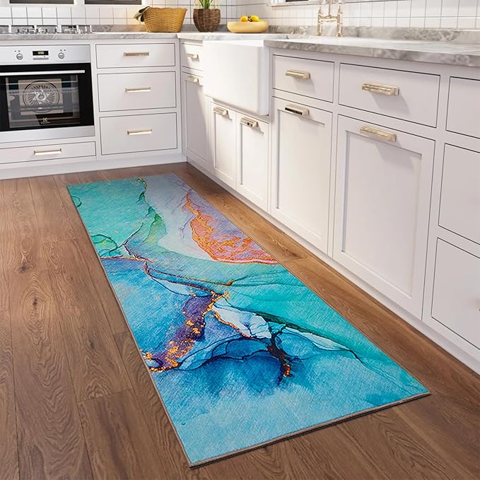 2.3' x 7.5' Washable Indoor Outdoor Teal Runner Rug for Hallway, Kitchen, Stain Resistant, Easy Clean, Modern Runner Rug for Indoor/Outdoor Patio, Deck, Kitchen, Hallway, Bathroom
