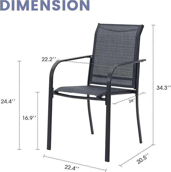 VICLLAX Patio Stackable Dining Chairs Set for 4, Outdoor Sling Chairs with Metal Frame for Front Porch Balcony Backyard Garden and Deck, Black Grey