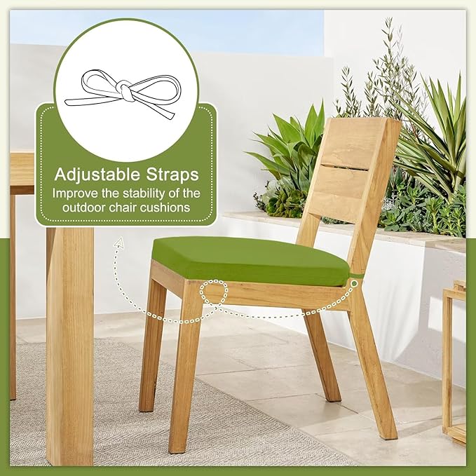 Cozyide Outdoor Chair Cushions, Waterproof Patio Seat Cushions with Adjustable Straps, Round Corner Patio Chair Cushions for Garden, Grass Green, 17x16x2 Inch (Pack of 4)