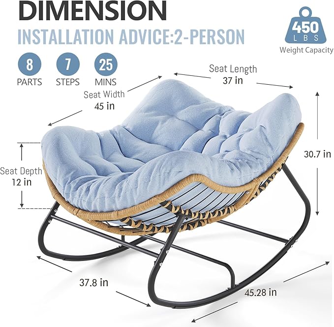SWITTE Outdoor Rocking Chair, Oversized Patio Papasan Rocker, Comfy Wicker Reading Lounge, Indoor Egg Chair for Bedroom, Living Room, Porch, Garden, Lawn-Light Blue