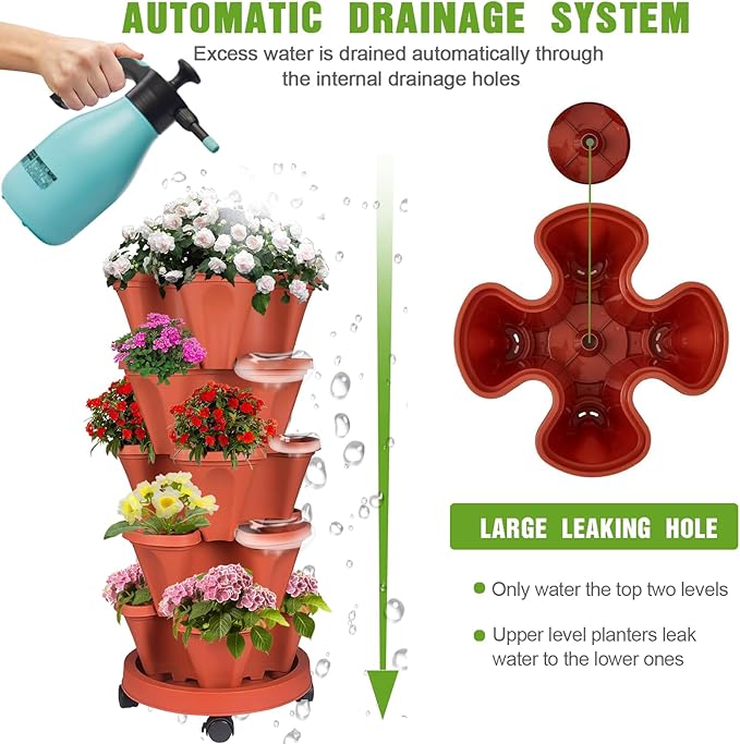Vertical Strawberry Planter 7 Tier Stackable Tower Herb Planters Stacking Outdoor Garden Red Planters Pot with Tools Mover for Growing Flowers, Vegetables and Succulents