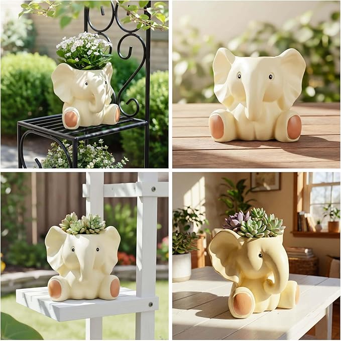Small Plant Container | Unique Resin Flower Pot Sculpture | Succulent Flower Pot | White Elephant Gifts for Women | Perfect Plant & Elephant Gifts | Indoor & Outdoor Use (White)