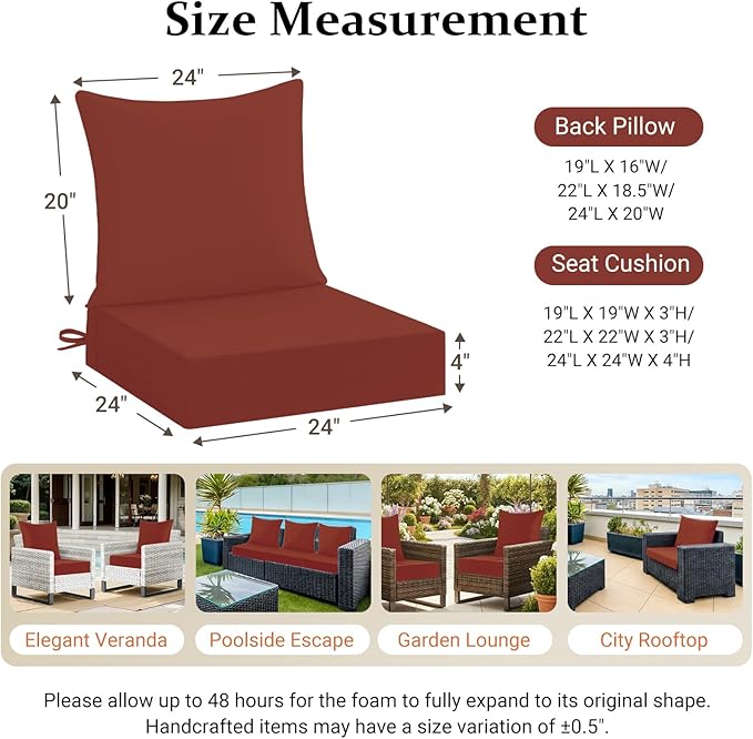 downluxe 24x24 Outdoor Chair Cushions, Waterproof Fade Resistant Patio Furniture Cushions with Handle & Removable Cover, Deep Seat Outdoor Cushions for Sofa, Couch and Patio Chairs, Brick Red