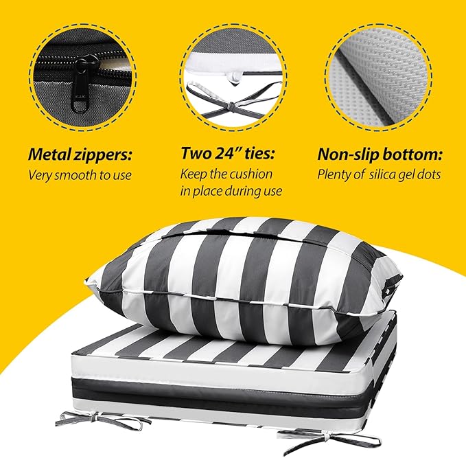 AAAAAcessories Outdoor Seat Cushions for Chairs, Fade-Resistant, Waterproof Patio Furniture Replacement Cushions, 25.5" x 25.5" x 5" + 25.5" x 19", Gray Cabana Stripe