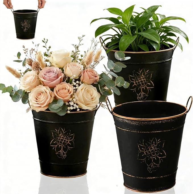 AVLA 3 Pack Galvanized Bucket, Rustic Farmhouse Metal Flower Vase, Vintage Plant Pot, Decorative Tin Pails with Handles for Wedding Decorations, Centerpieces, Home Decor, Garden Planter, 5.7 Inch