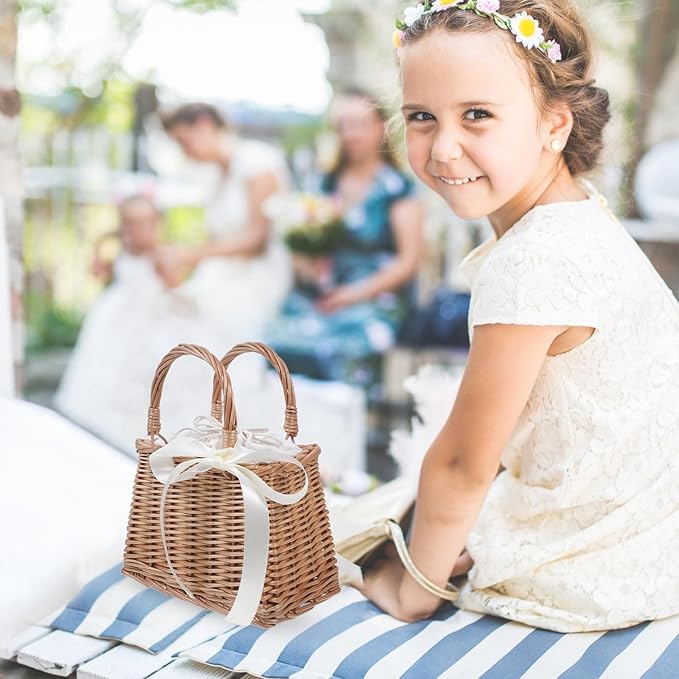 Baluue Rattan Woven Small Bag with Handle Decorative Flower Basket for Wedding Home and Garden Storage Portable Lightweight Wicker Purse 10.82X9.05X5.11 Inches