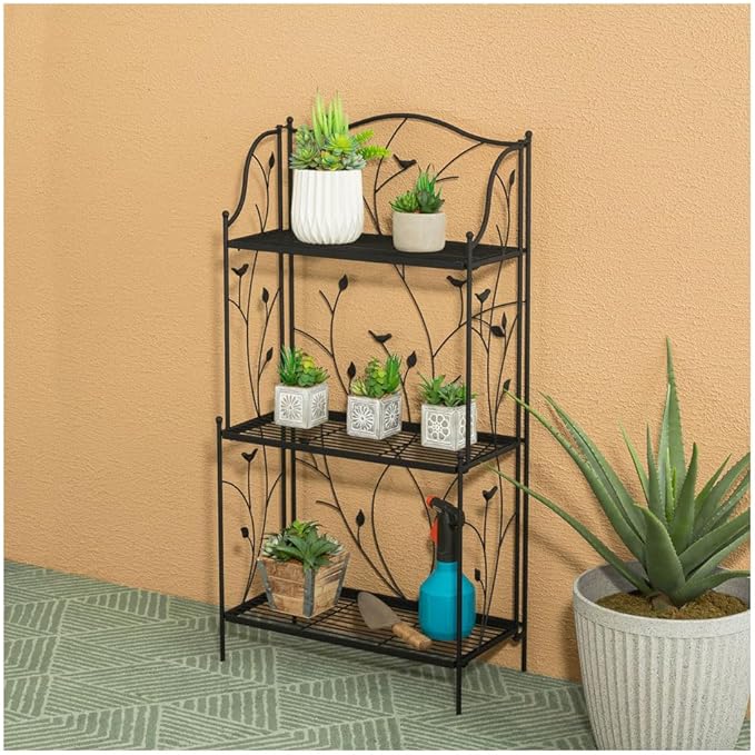 Glitzhome 44.75" H 3-Tiered Metal Shelf Plant Stand, Farmhouse Rectangular Storage Organizer Shelf for Indoor Outdoor Home Decor