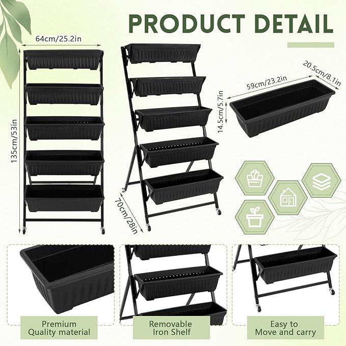 2 Set 4.5 ft Vertical Garden Planter with Lockable Wheels 5 Tier Removable Raised Bed Box for Outdoor Herb Vegetable and Flower Growing Includes Gloves and Screwdriver(Black)