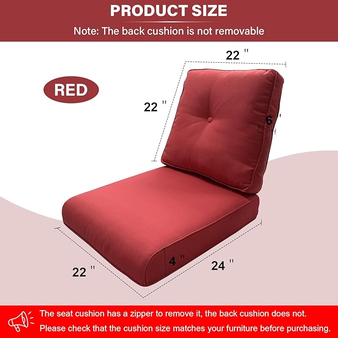 Outdoor Chair Cushions 2 Sets - 22 * 24" Patio Furniture Cushions with Removable Cover, 28D High Density Sponge Filling Outdoor Patio Cushions for Chairs, Rocker, Sofa and Loveseat - Red