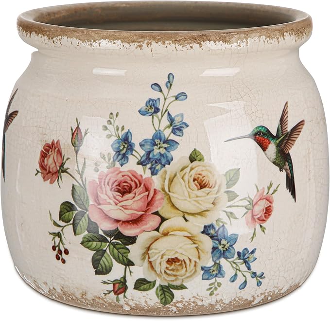 Vintage Large Ceramic Planter with Hummingbird's Bloom Pattern Creamy White Ice Crack Finish Antique Cottage Flower Vase Pot for Indoor Plants Farmhouse Home Kitchen Office Decor