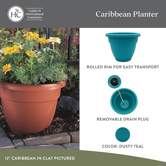 The HC Companies Caribbean Planter Pot - Outdoor & Indoor Plant Pot with Drainage Hole & Plug - Rolled Rim Plastic Pots for Plants & Flowers - Decorative Plant Pot (10" Dusty Teal, Pack of 1)