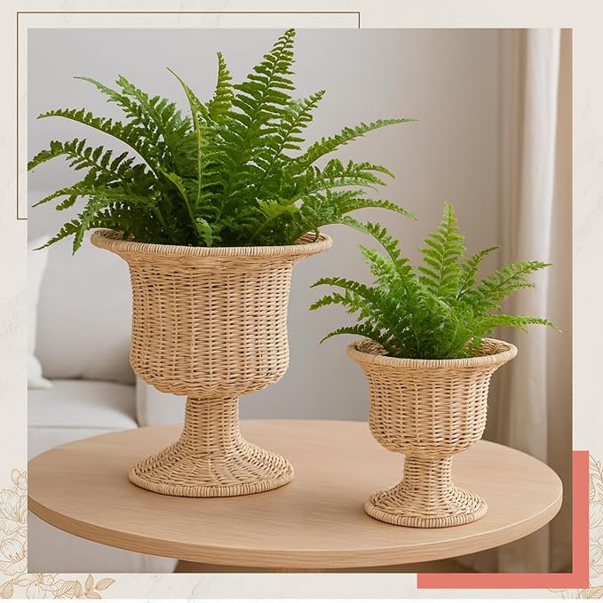 2 Pcs Rattan Indoor Outdoor Planter Basket Woven Decorative Storage Basket and Planter for Porch Patio Backyard Home Garden, 13 x 13 x 14.17 Inches, 8.66 x 8.66 x 9.45 Inches